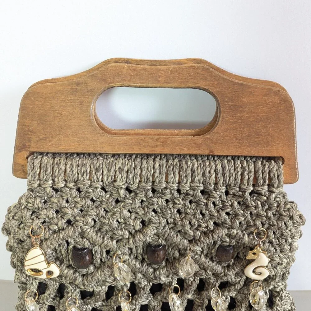 Vintage Taupe Macrame Bag Double Wooden Handle Upcycled Jewelry Charms Shells